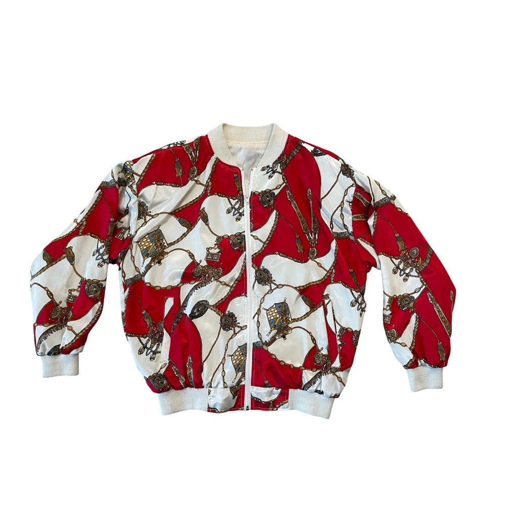 Vtg Retro Silk Poly Print Bomber Jacket Nautical Chain Tassel Crest Y2K One Sz